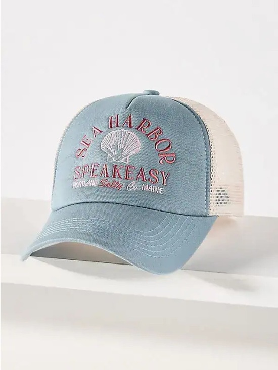 Anthropologie Accessories - Anthropologie Sea Harbor Speakeasy Embroidered Trucker Hat - Light Blue & Cream